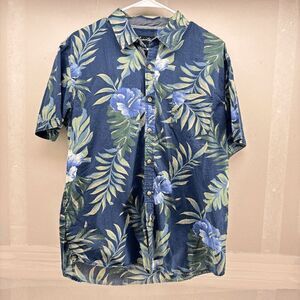 Vintage Coastal Hawaiian Camp Shirt Large Aloha Floral Blue Button Up Loose